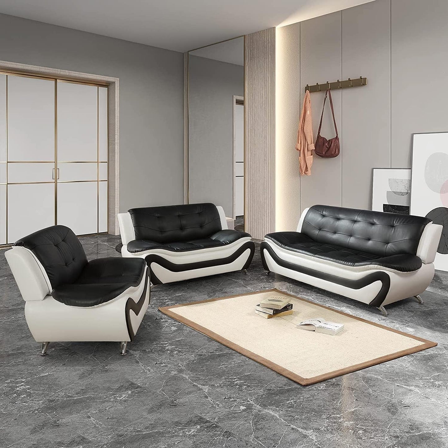 Vegan Leather Sofa Set 3 Piece Living Room Furniture White and Black