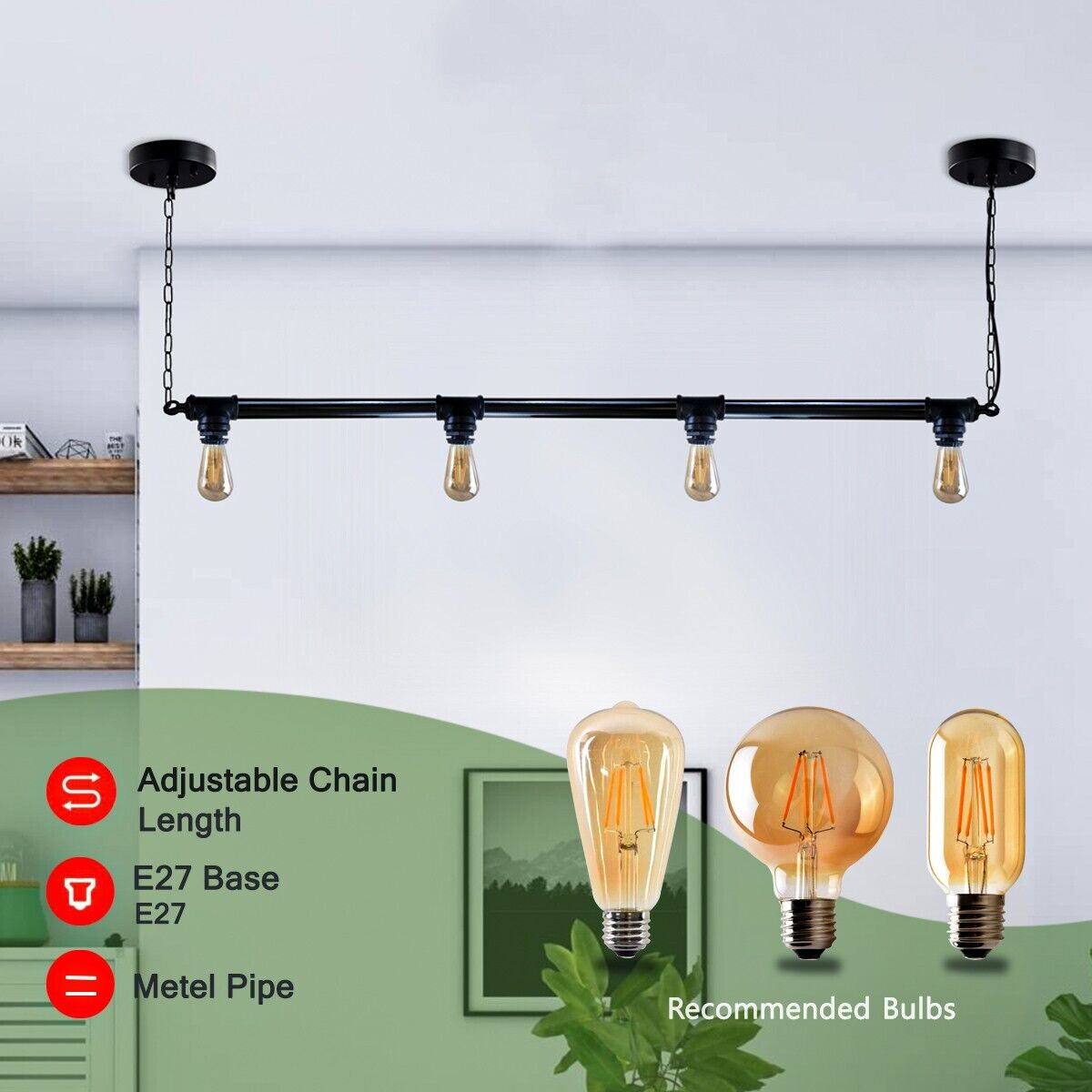 4way Black Pipe Lamp Vintage Pendant Downlight Hanging Ceiling Light ~3719