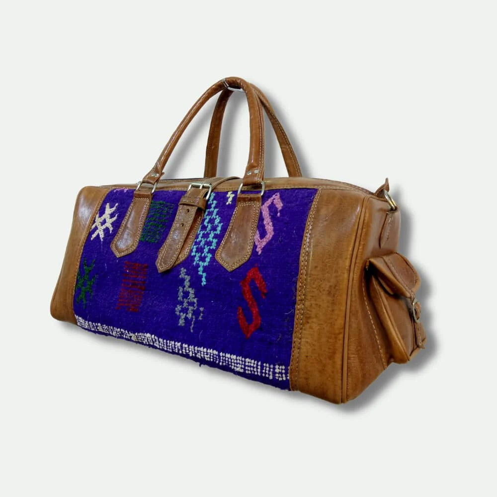 Brown Leather Travel Bag with Blue Moroccan Kilim – Handmade Duffle