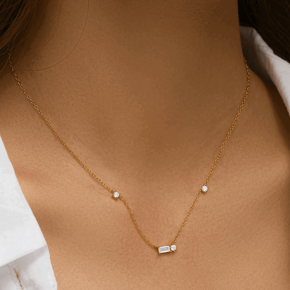 Starluxe Delicate Necklace with Three Round Cut and One Emerald Cut Cubic Zirconia Stones-Crystal Dream Necklace