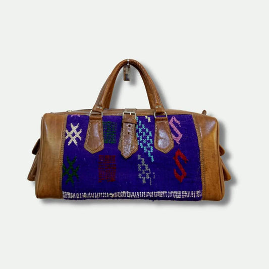 Brown Leather Travel Bag with Blue Moroccan Kilim – Handmade Duffle