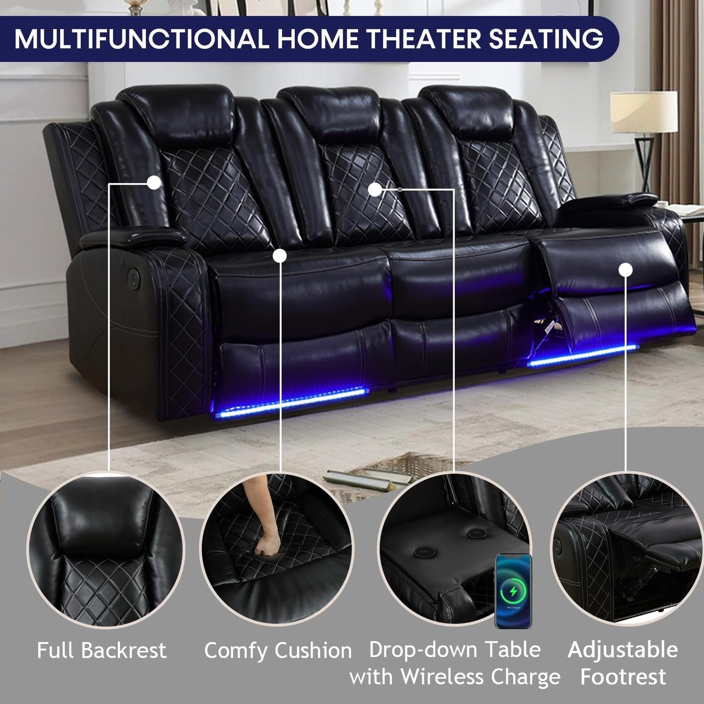Power Recliner Sofa With LED Lights Black Leather 2 Piece