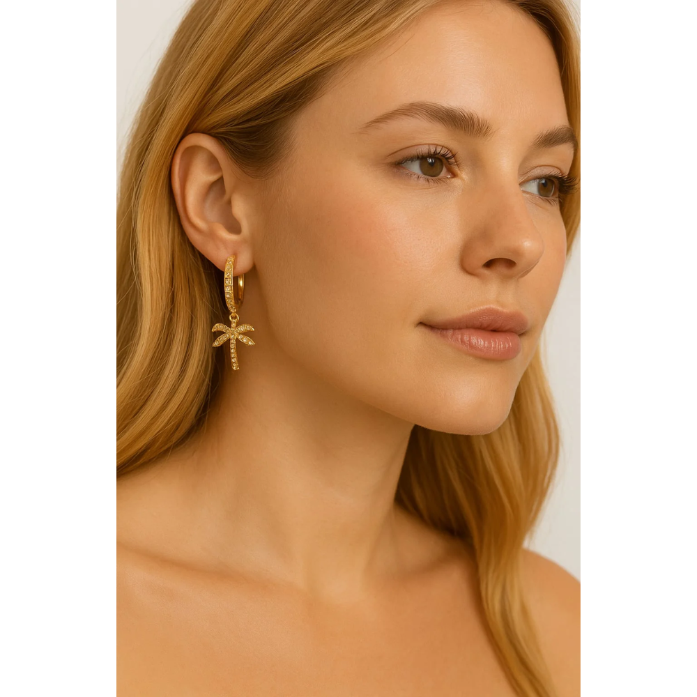 Palm Tree Hoop Earrings – Gold or Silver with Cubic Zirconia