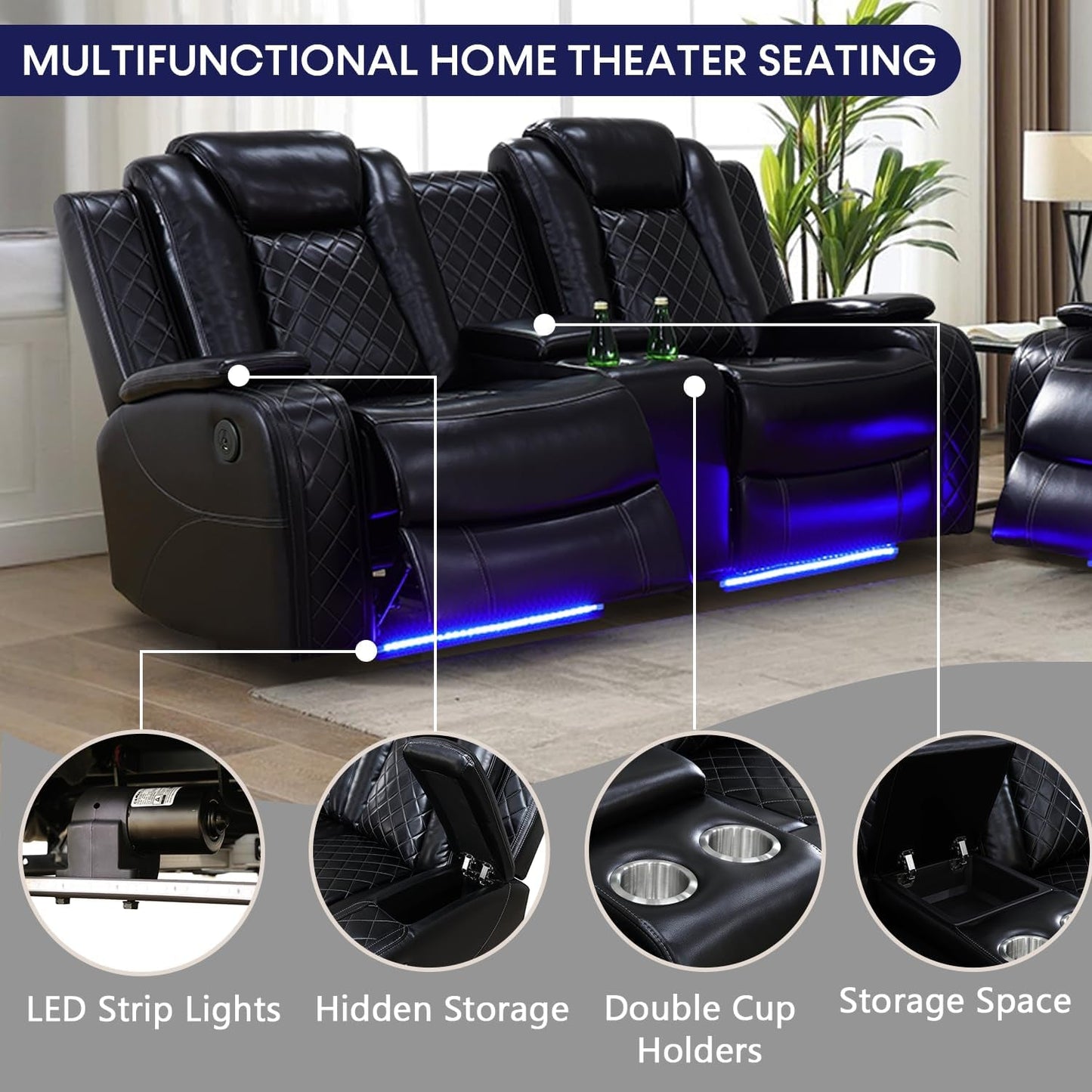 Power Recliner Sofa With LED Lights Black Leather 2 Piece