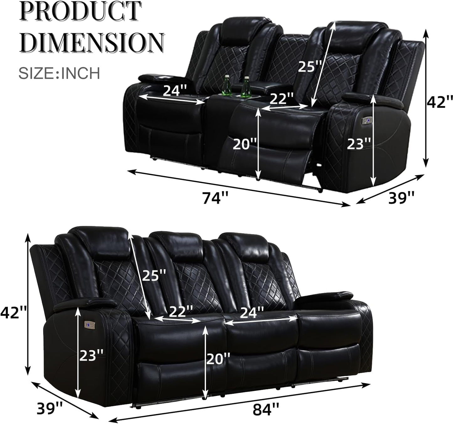 Power Recliner Sofa With LED Lights Black Leather 2 Piece