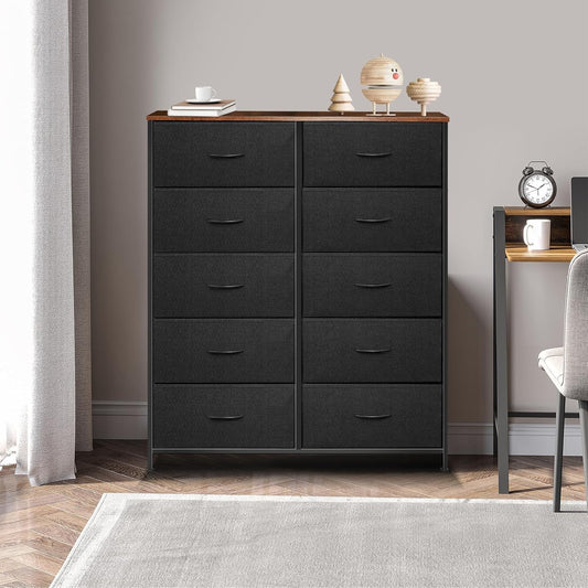 Fabric Dresser With 10 Drawers In Black And Brown Two Tone
