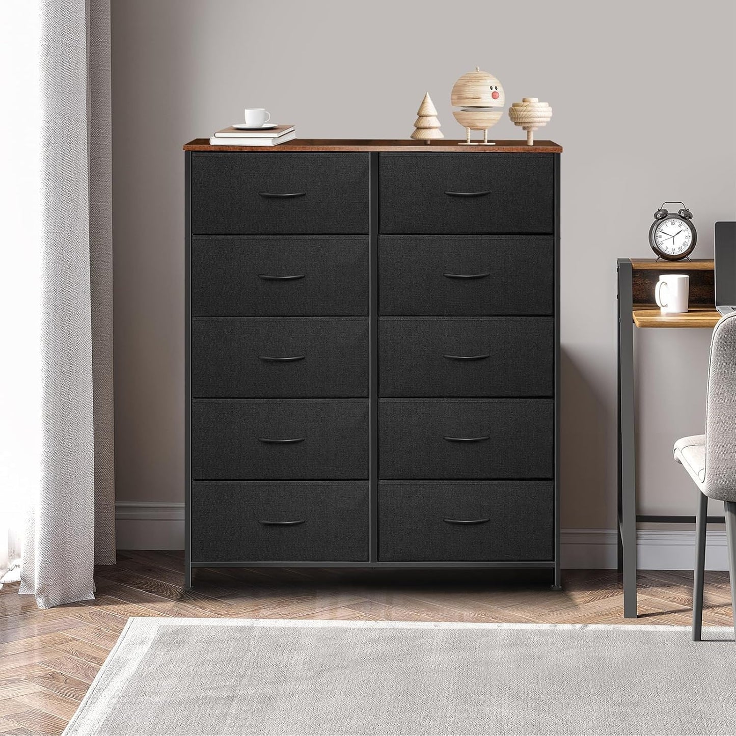 Fabric Dresser With 10 Drawers In Black And Brown Two Tone