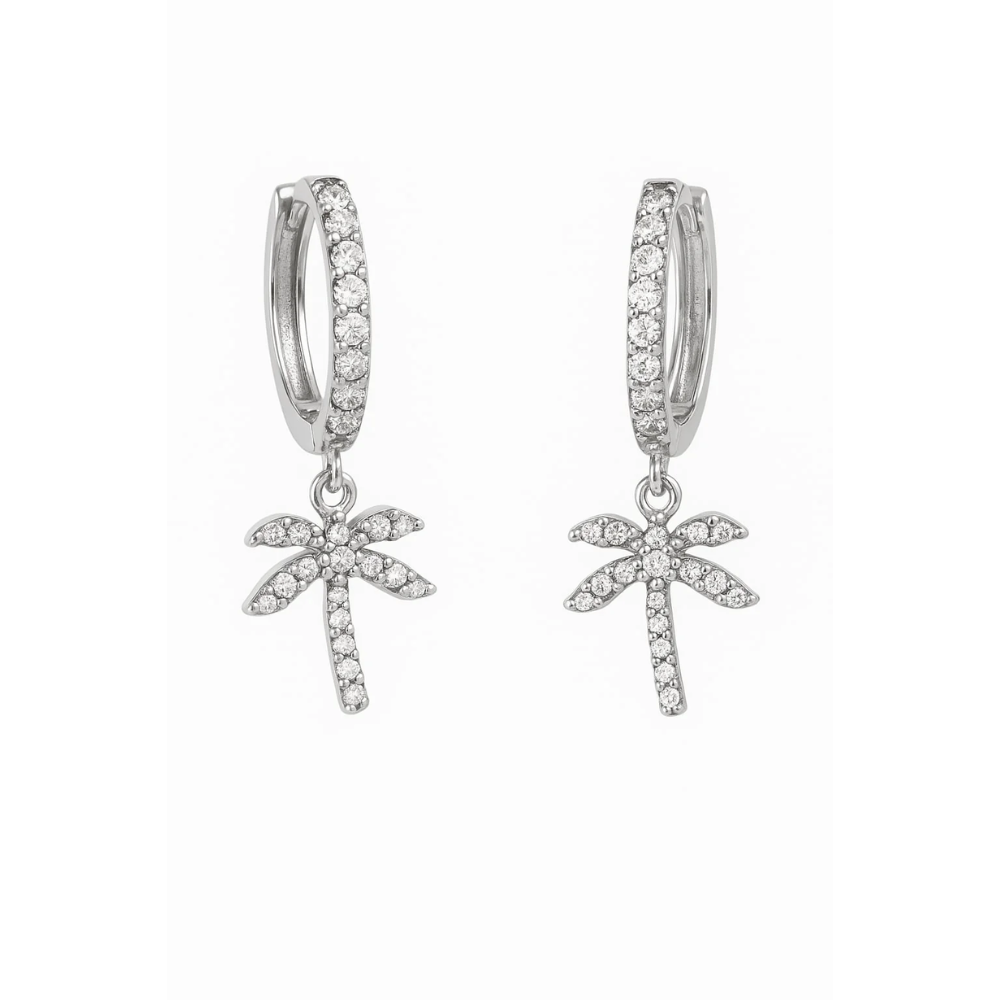 Palm Tree Hoop Earrings – Gold or Silver with Cubic Zirconia