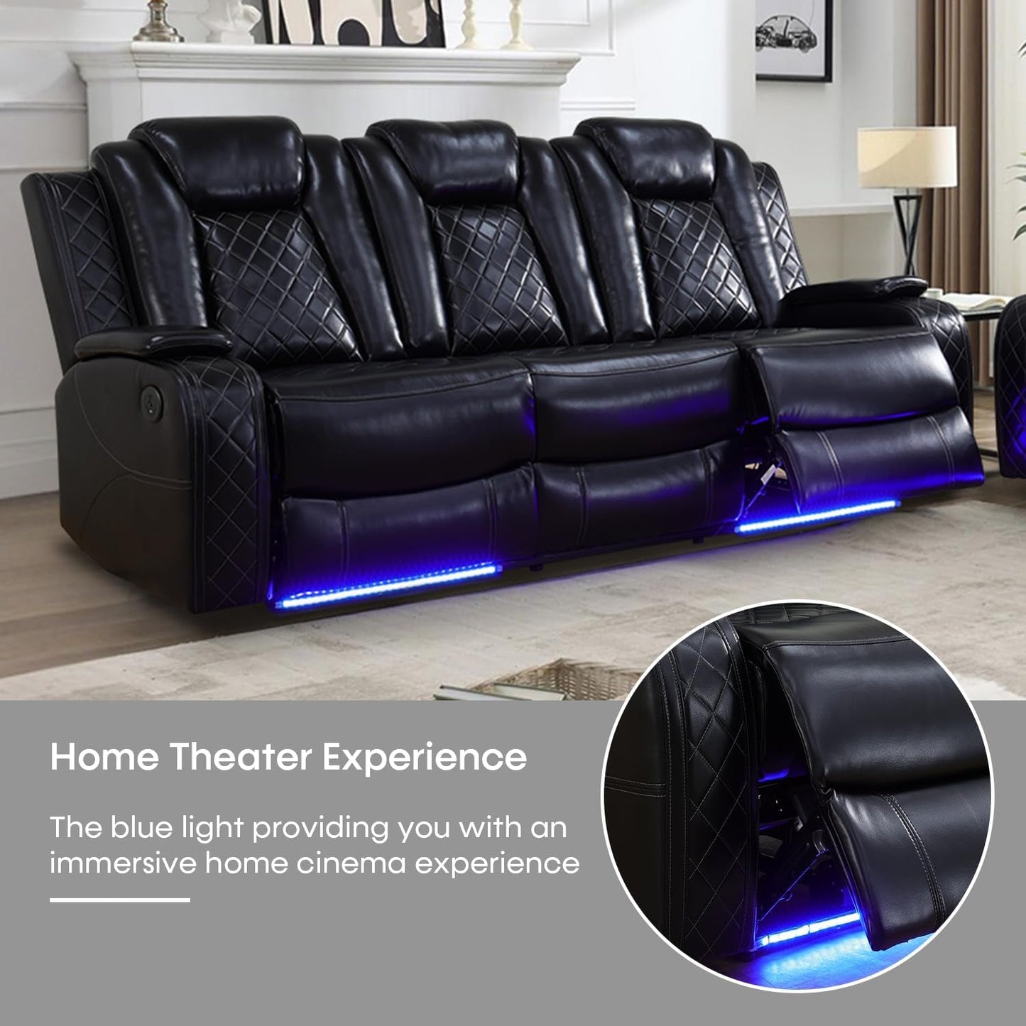 Power Recliner Sofa With LED Lights Black Leather 2 Piece