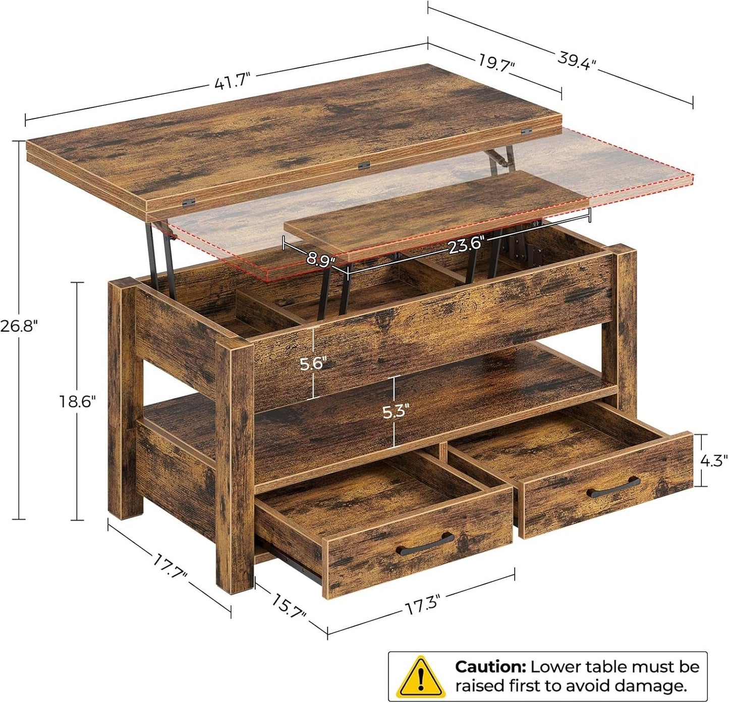 Rustic Brown Lift Top Coffee Table With Hidden Storage
