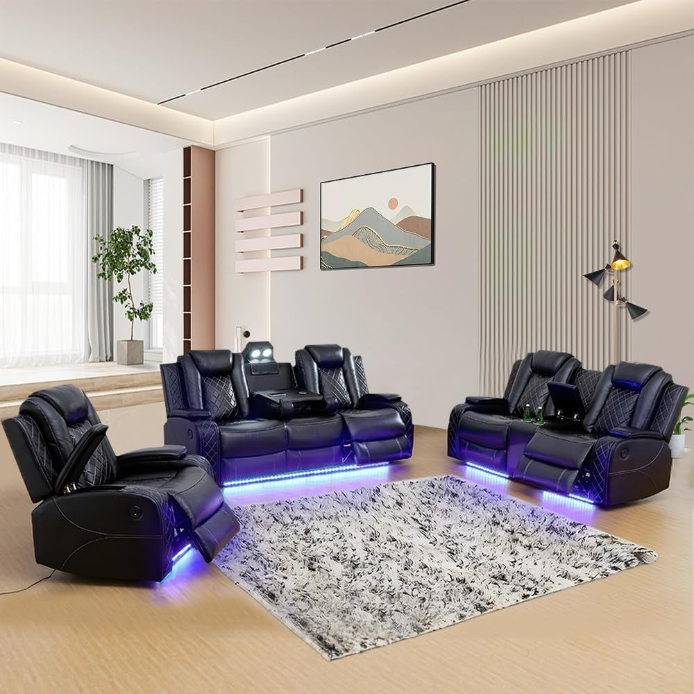 Black Leather Power Recliner Sectional Sofa Set Living Room Furniture