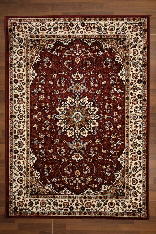 Beige and Maroon Floral Printed Rectangle Rug – 10mm Woven | Jute & Polyester Backing