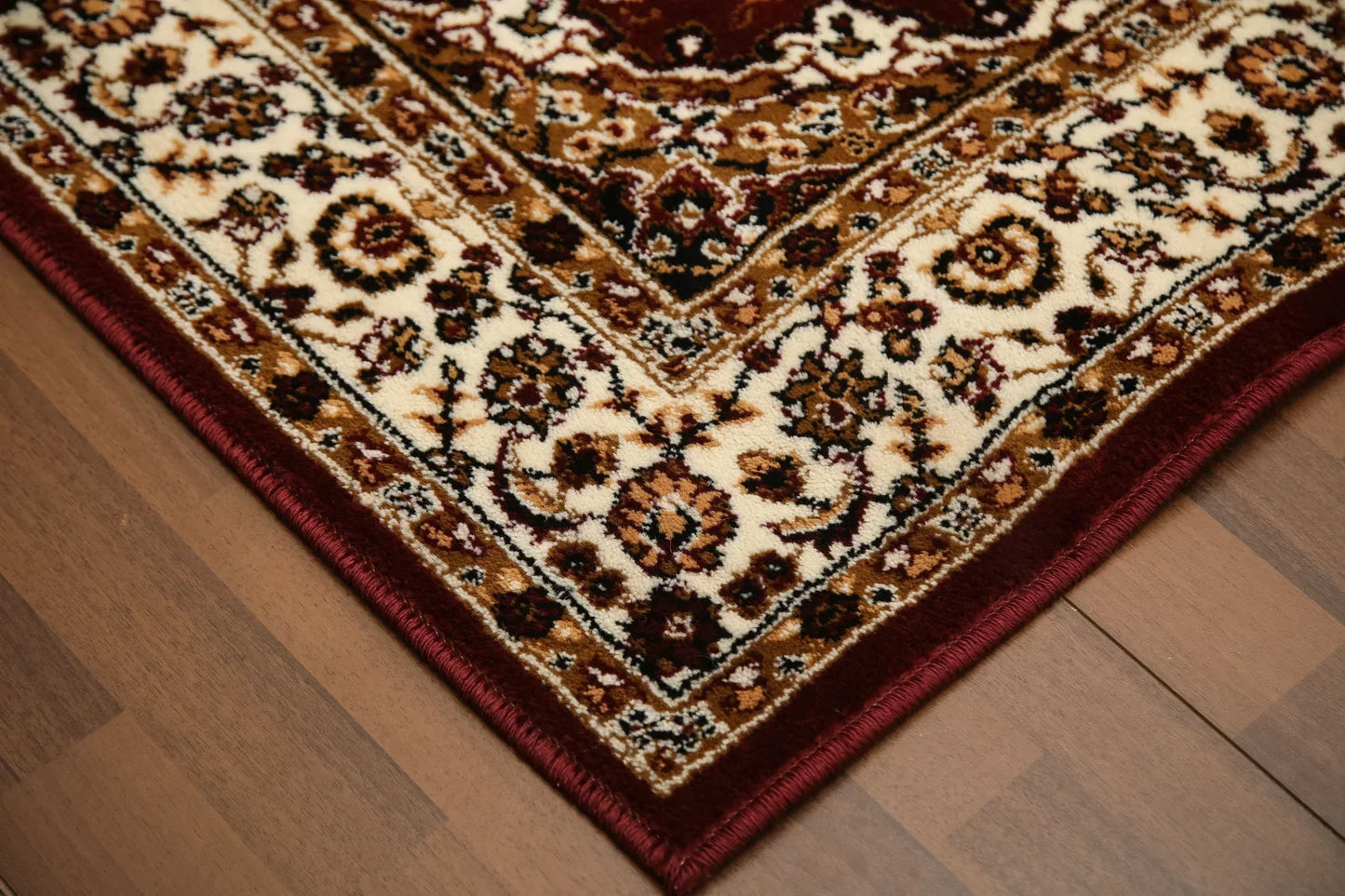Beige and Maroon Floral Printed Rectangle Rug – 10mm Woven | Jute & Polyester Backing