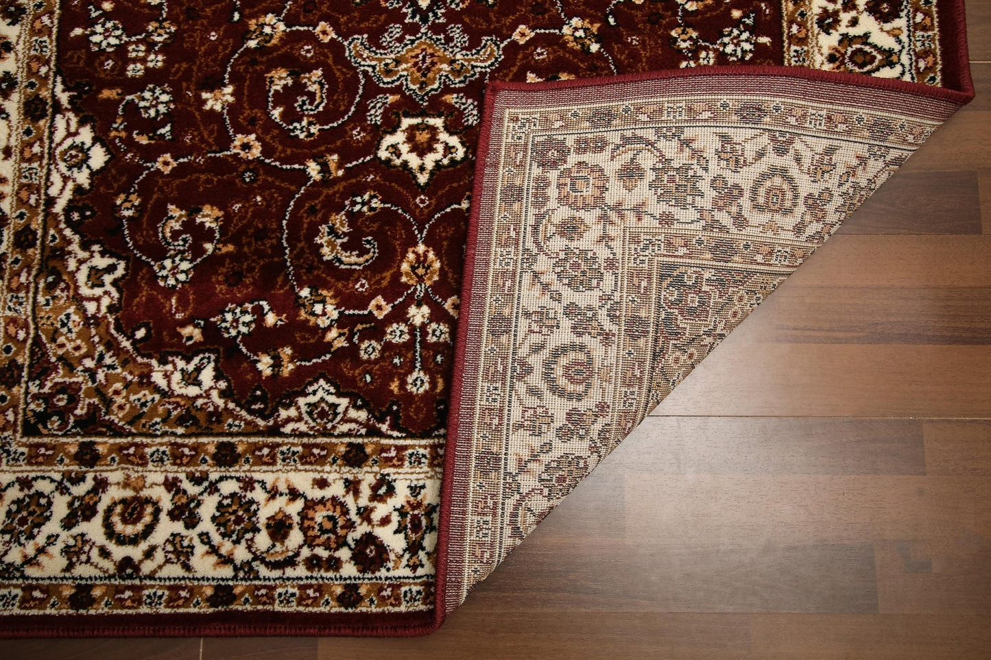 Beige and Maroon Floral Printed Rectangle Rug – 10mm Woven | Jute & Polyester Backing