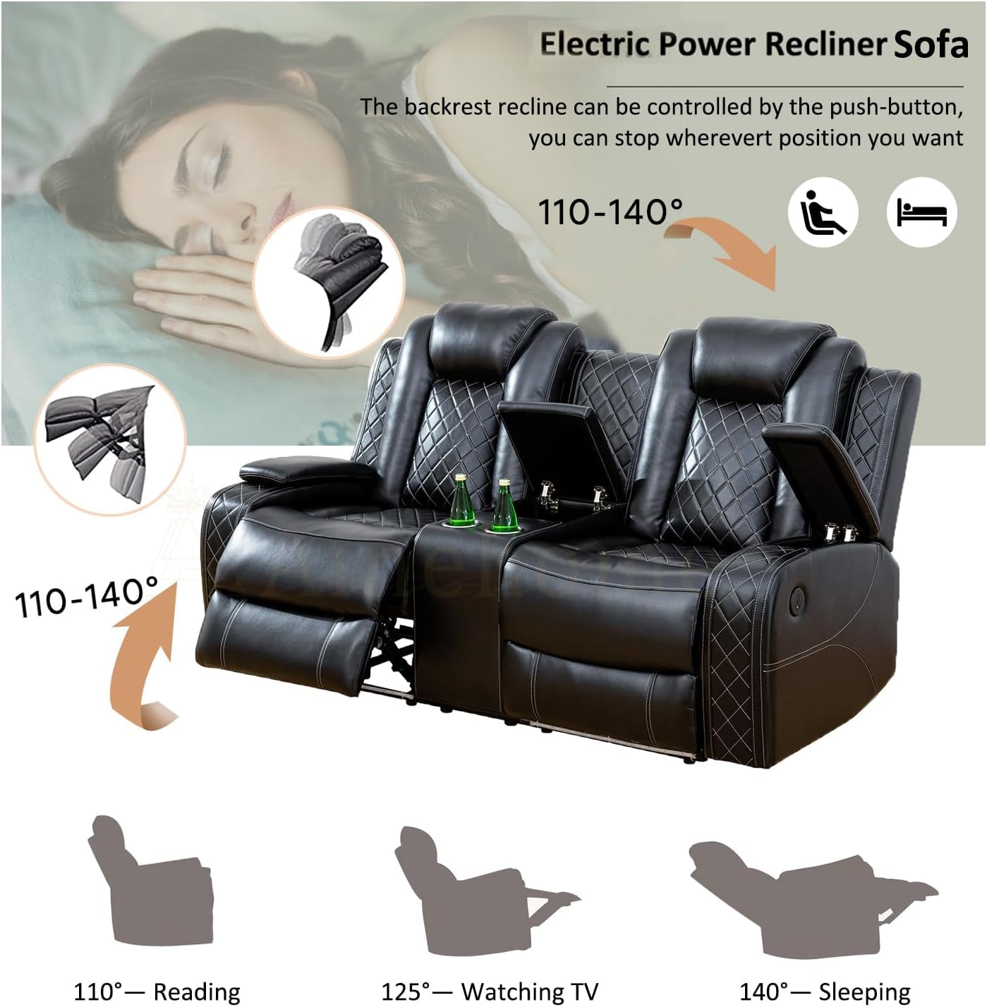 Black Leather Power Recliner Sectional Sofa Set Living Room Furniture