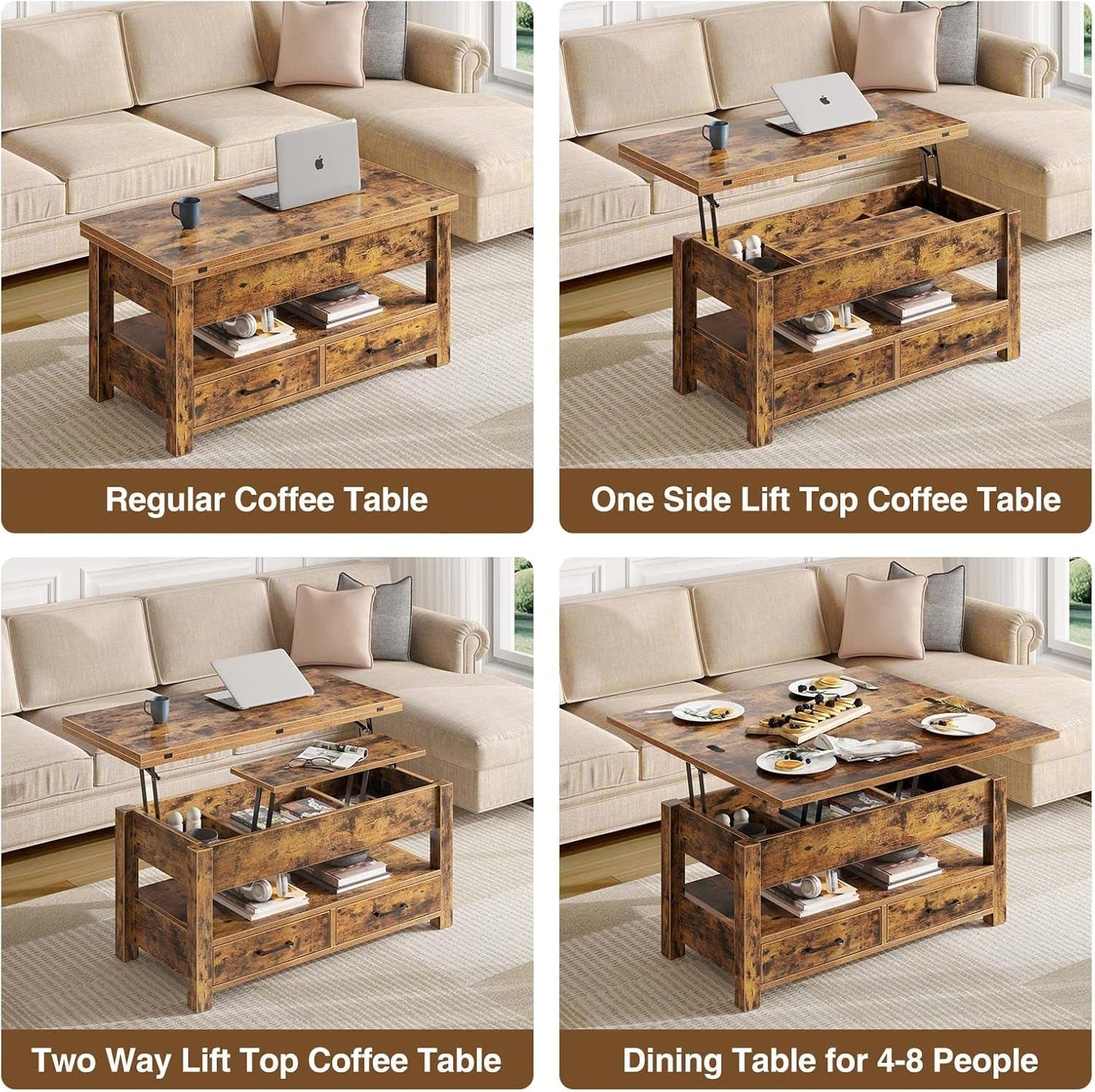 Rustic Brown Lift Top Coffee Table With Hidden Storage