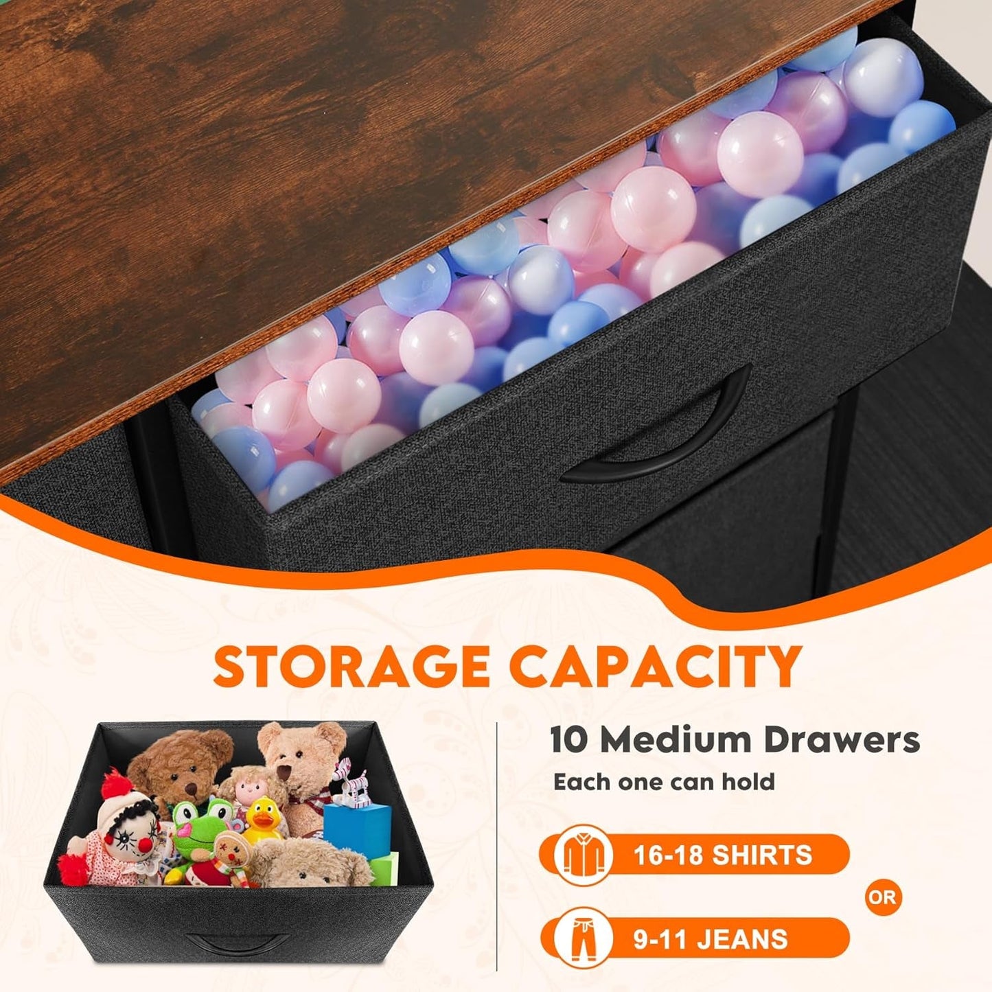 Fabric Dresser With 10 Drawers In Black And Brown Two Tone