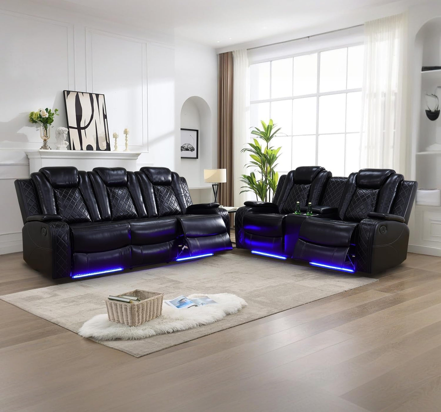Power Recliner Sofa With LED Lights Black Leather 2 Piece