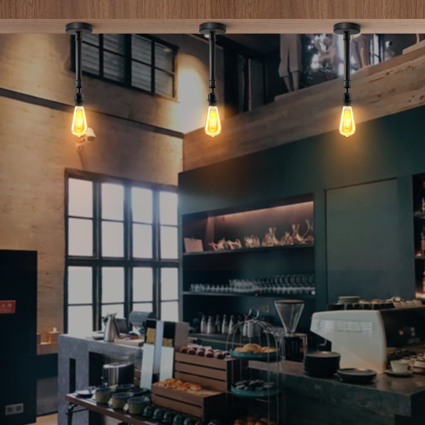 Industrial Ceiling E27 Holder Black Light Fitting Semi Flush Pipe Vintage Lighting ~5462