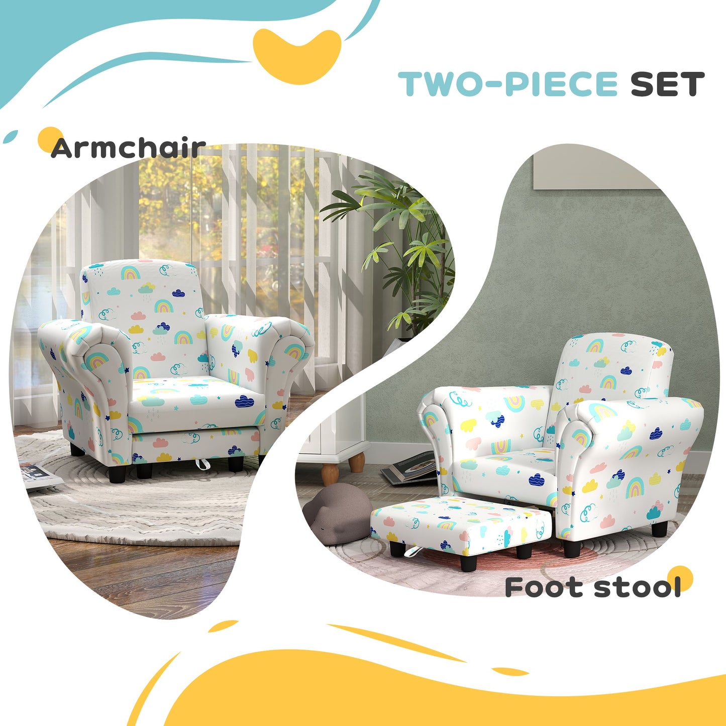 2 Piece Kids Sofa Set with Cloud Design and Wooden Frame - White