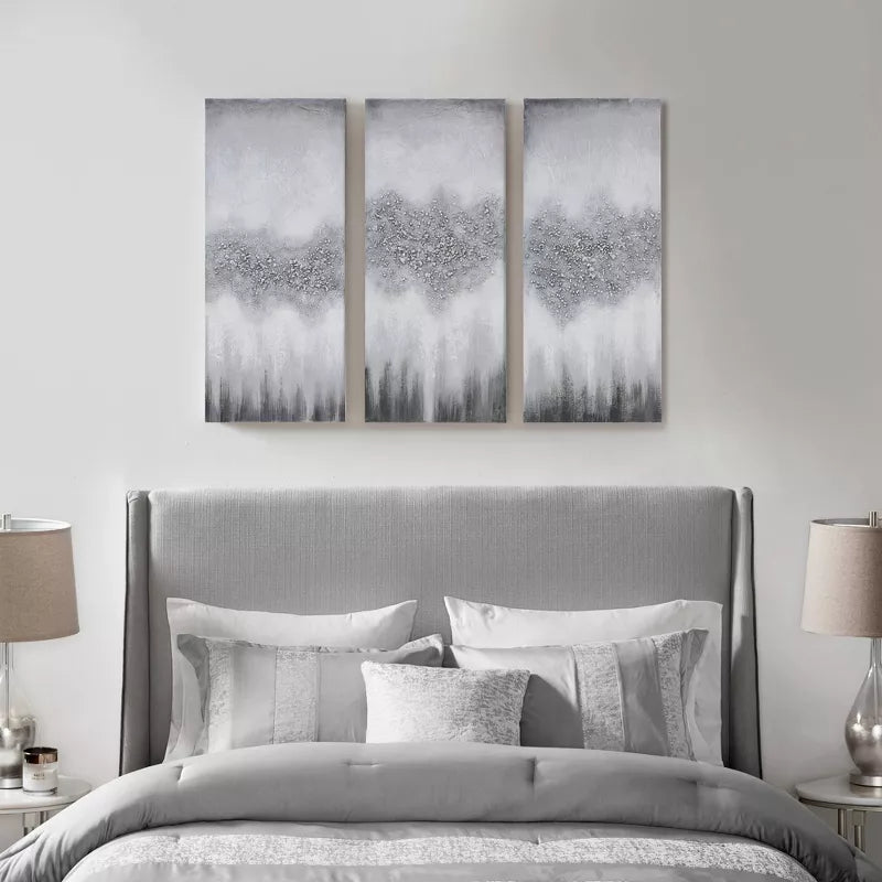 3pc Luminous Heavily Embellished Canvas Wall Art Set Gray