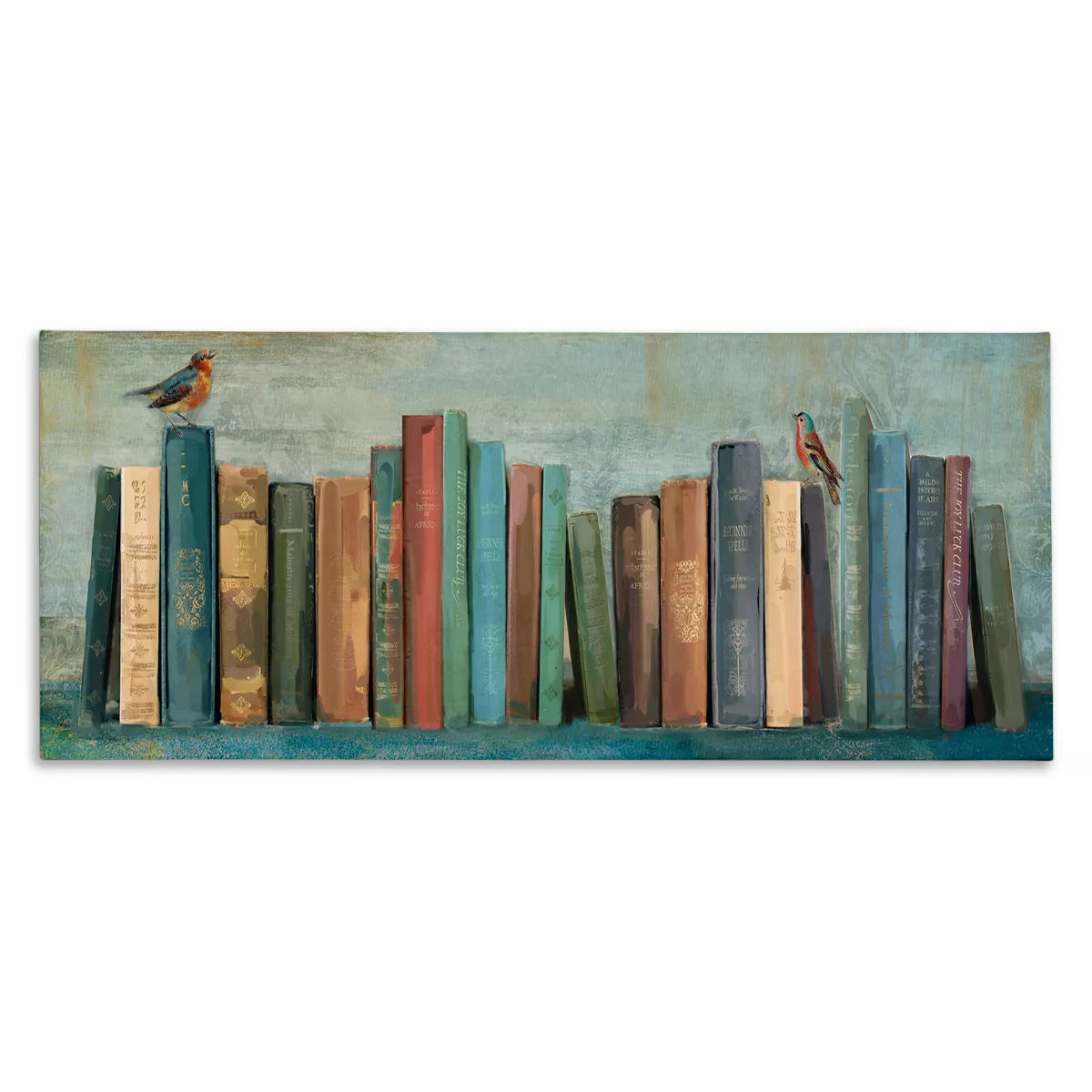 Books And Birds Green Blue Textured Painting