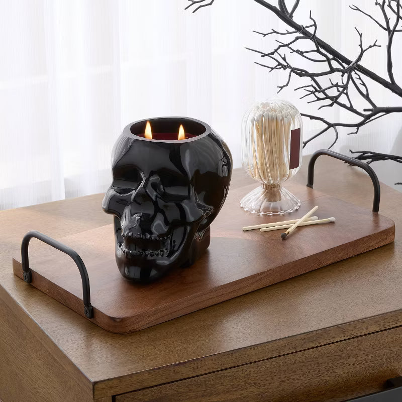 2 Wick 18oz Skull Shaped Filled Red Wax Candle Bourbon Casket