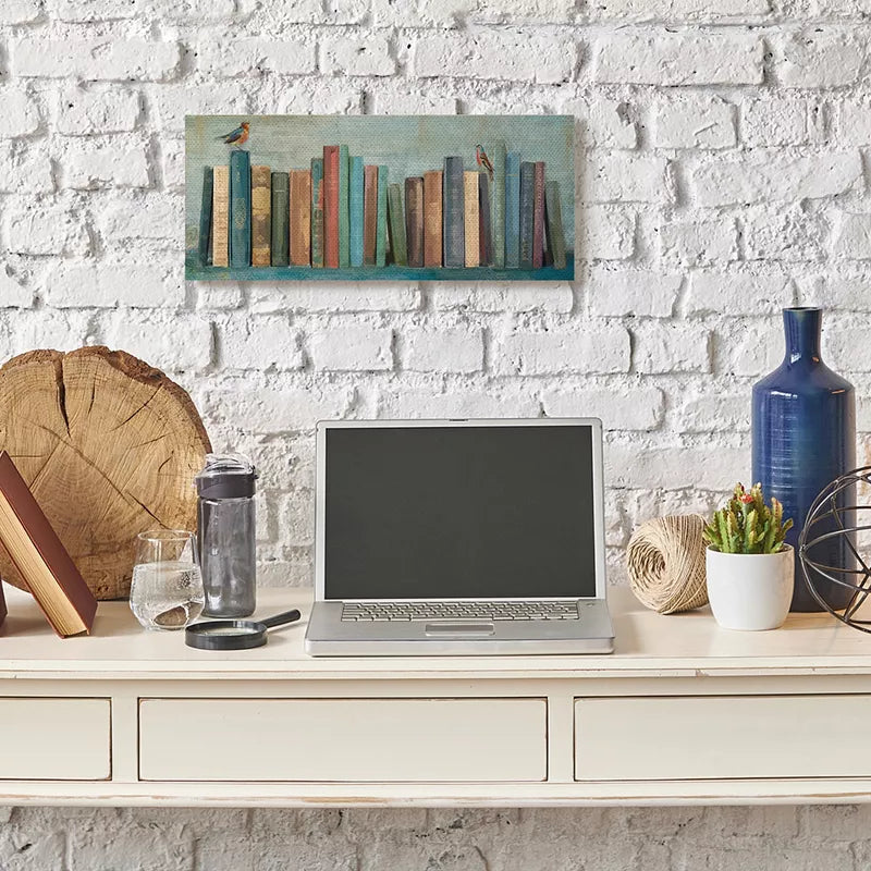 Books And Birds Green Blue Textured Painting