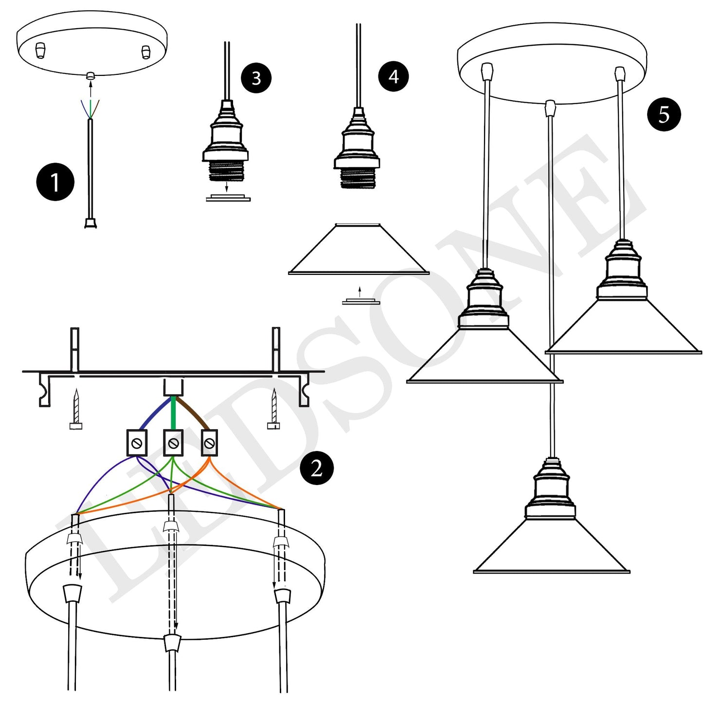 Black 3 Way Pendant Light Fixture Cone Shade Hanging Pendant Ceiling Lights~1492