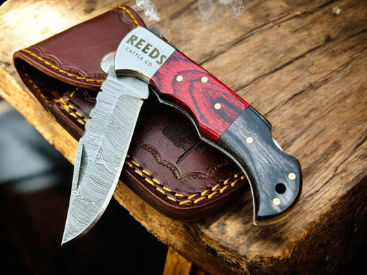 Folding Pocket Knife 3" Damascus Blade with Red/Black Pakka Wood