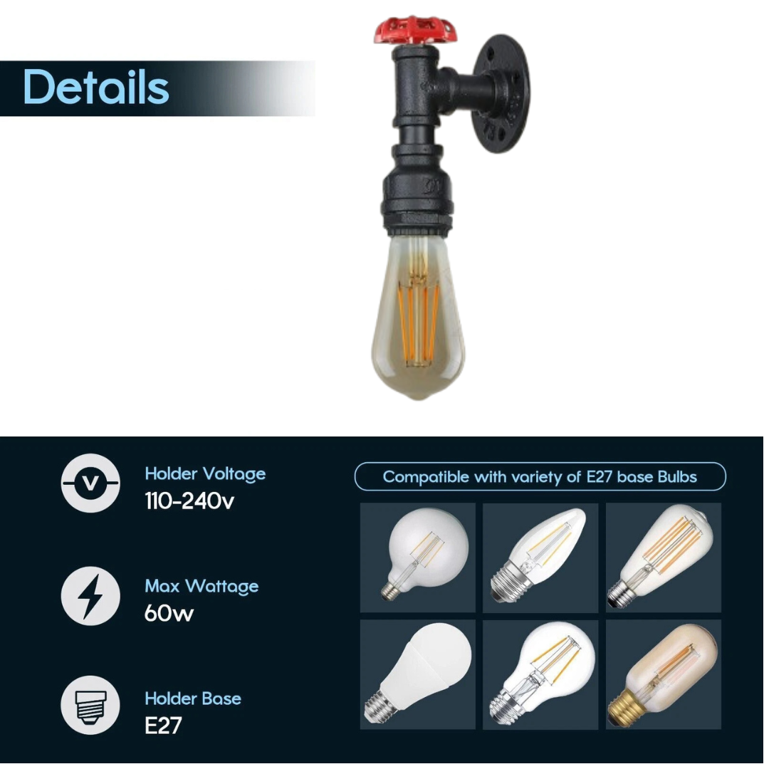 Vintage Black Metal Water Pipe Wall Sconce Light Holder with Wheel~2070