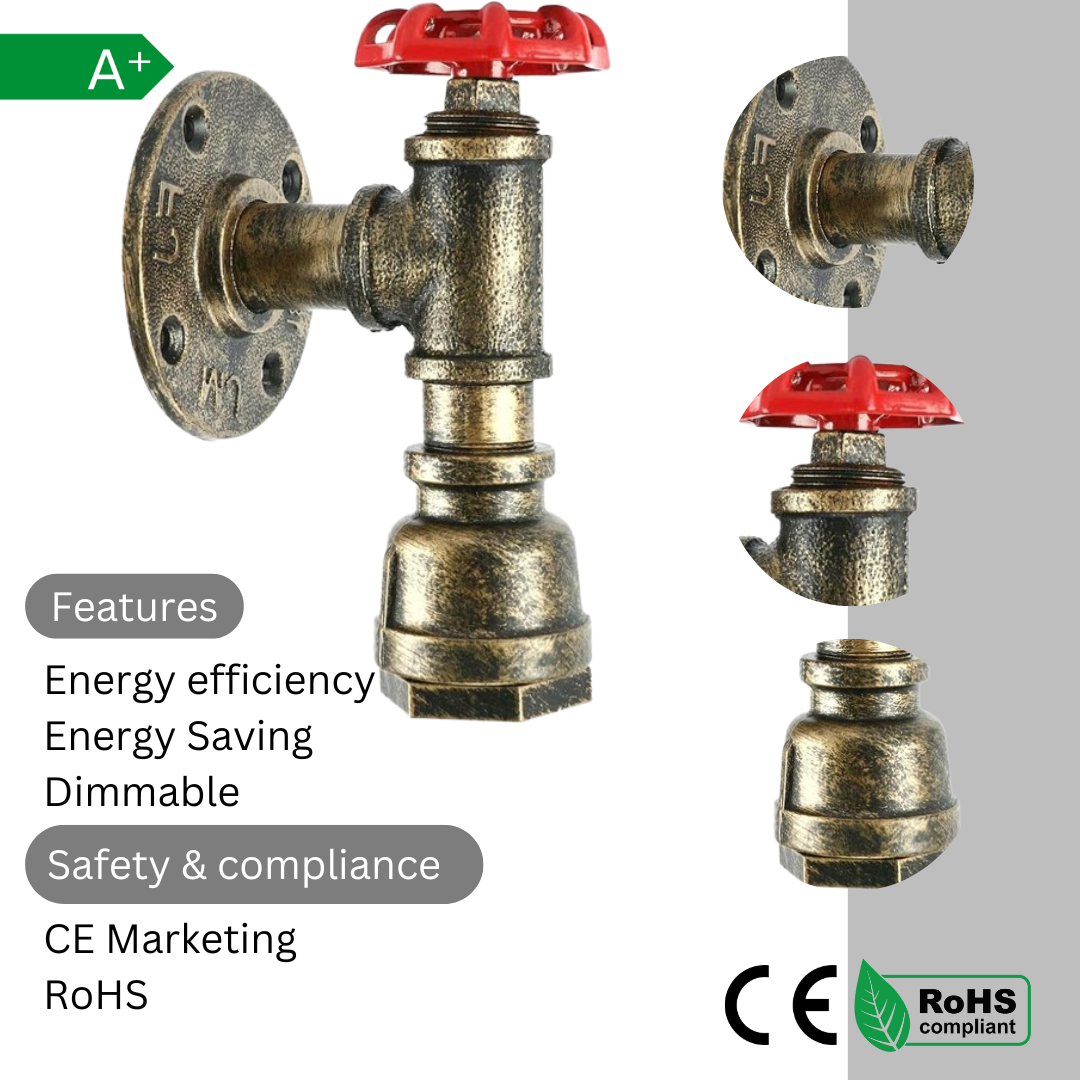 Brushed Copper Metal Water Pipe Wall Sconce Light Holder with Wheel~2069