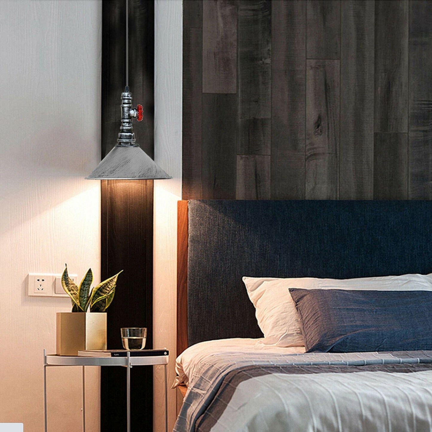 Industrial Vintage Ceiling Pendant Lights Metal Pipe Brushed Colour Lampshades~1310