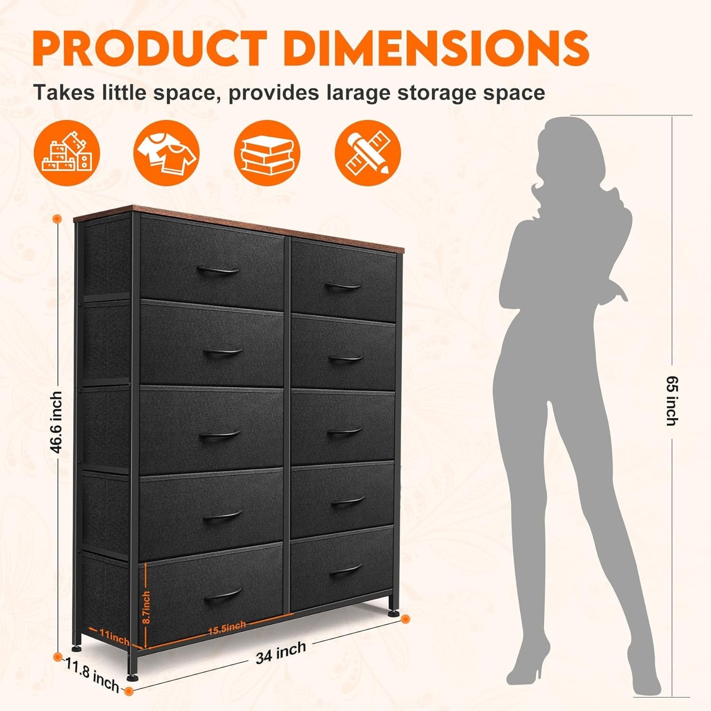 Fabric Dresser With 10 Drawers In Black And Brown Two Tone