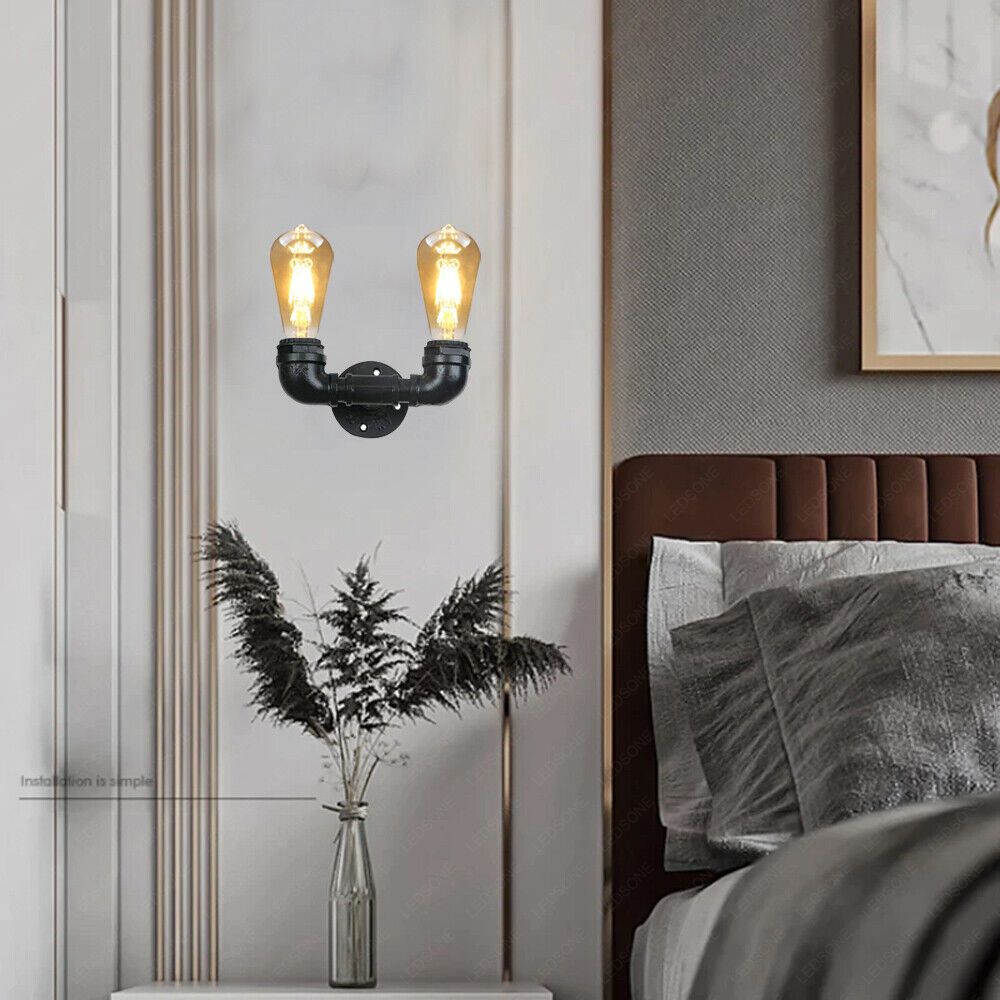 Vintage Black Metal Water Pipe Double Head Wall Light~2065