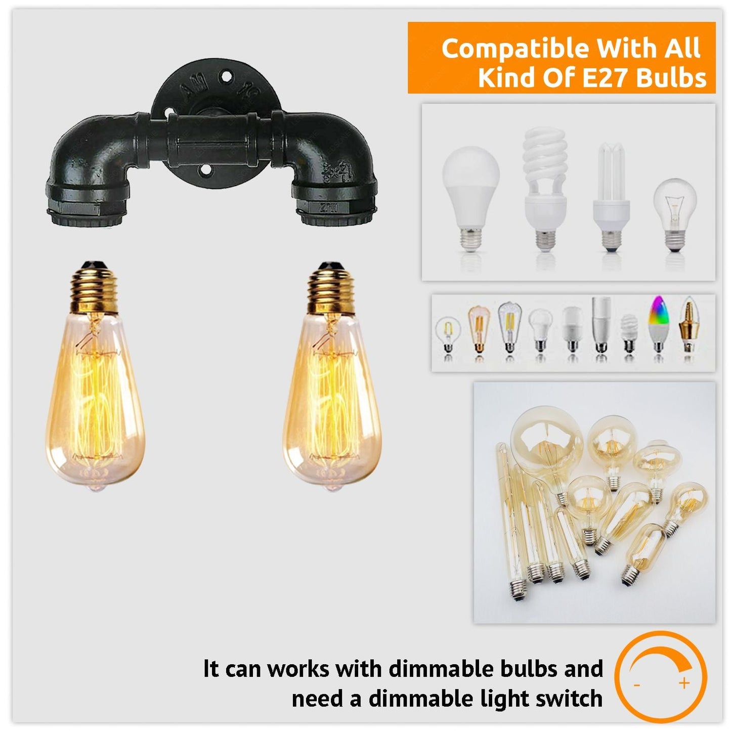 Vintage Black Metal Water Pipe Double Head Wall Light~2065