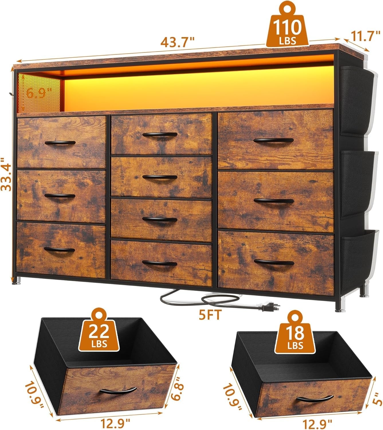 55In TV Stand Dresser With 10 Fabric Drawers And LED Lights