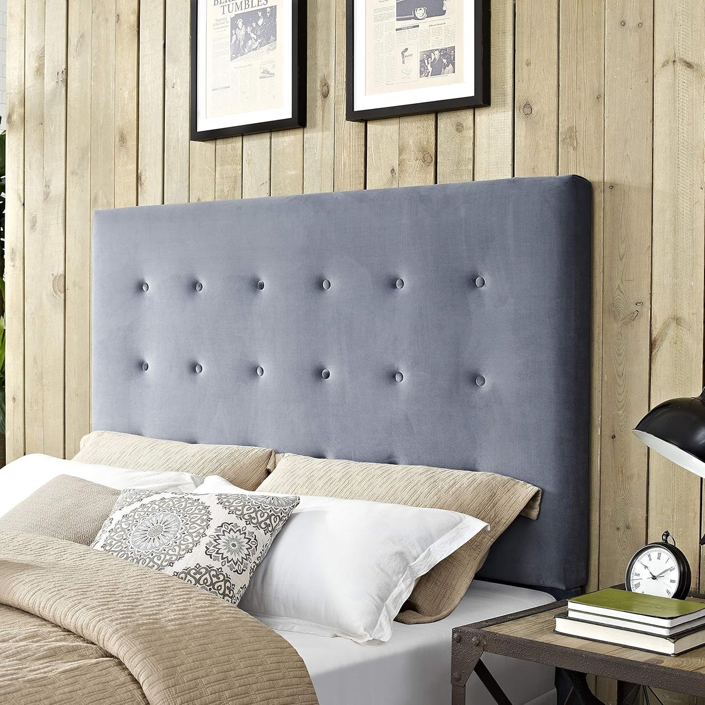 Transitional King Headboard in Cornflower Microfiber Fabric