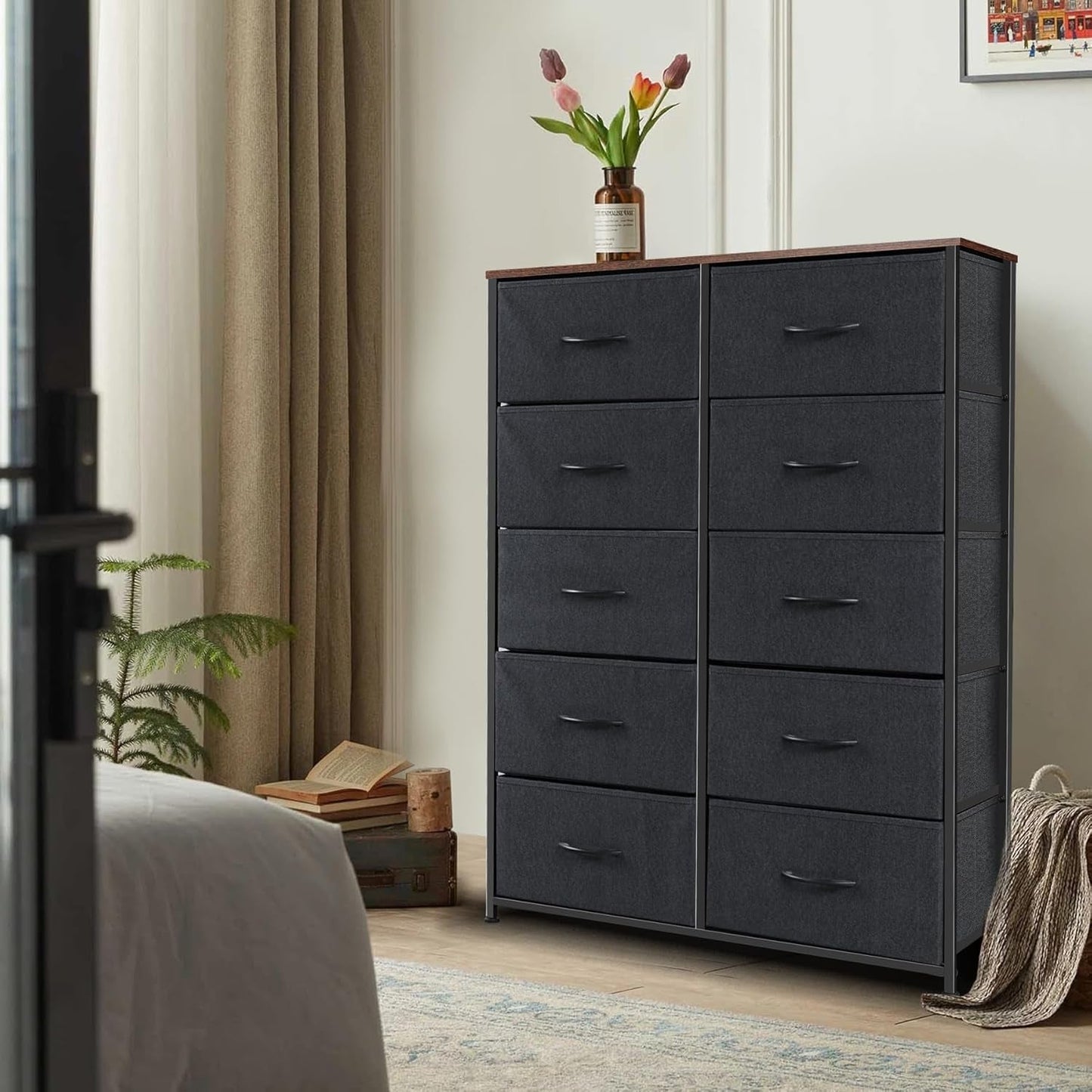Fabric Dresser With 10 Drawers In Black And Brown Two Tone