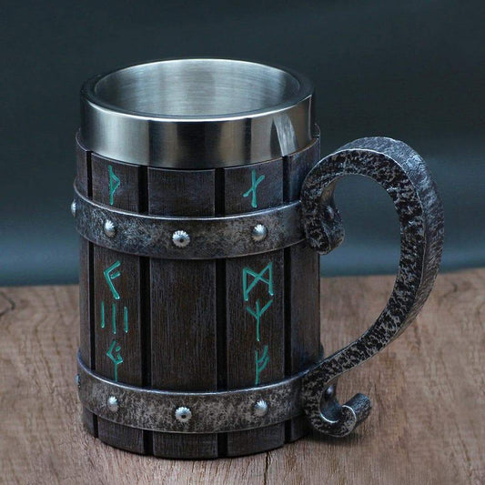 Viking Runes 'Wooden' 20 ounce Stainless Steel Tankard Mug