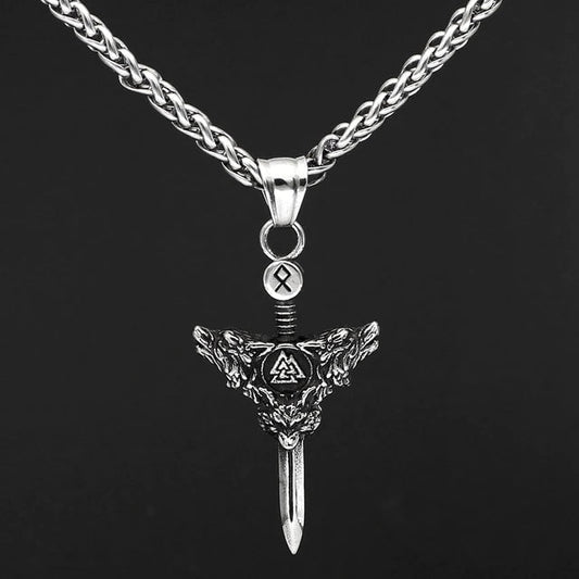 Vikings Sword Valknut and Rune Stainless Steel Necklace