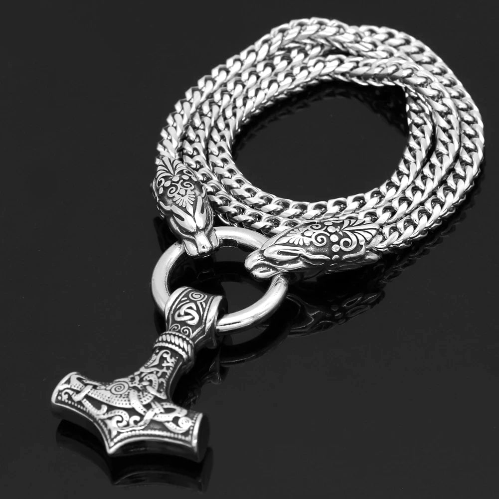 Vikings Wolf Head Mjolnir Stainless Steel Necklace