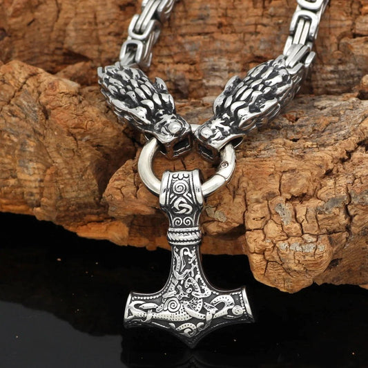 Vikings Dragon Head Mjolnir Stainless Steel Necklace