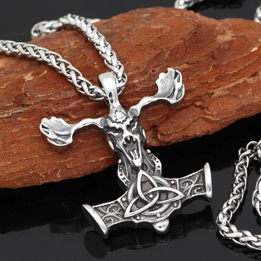 Vikings Goat Skull Mjolnir Stainless Steel Necklace
