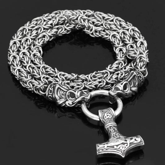 Vikings Mjolnir in Dragon Head Stainless Steel Necklace
