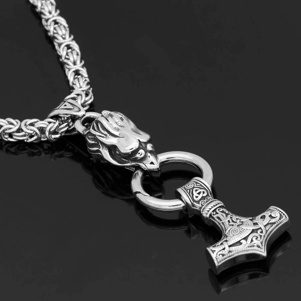 Vikings Raven's Head Mjolnir Stainless Steel Necklace