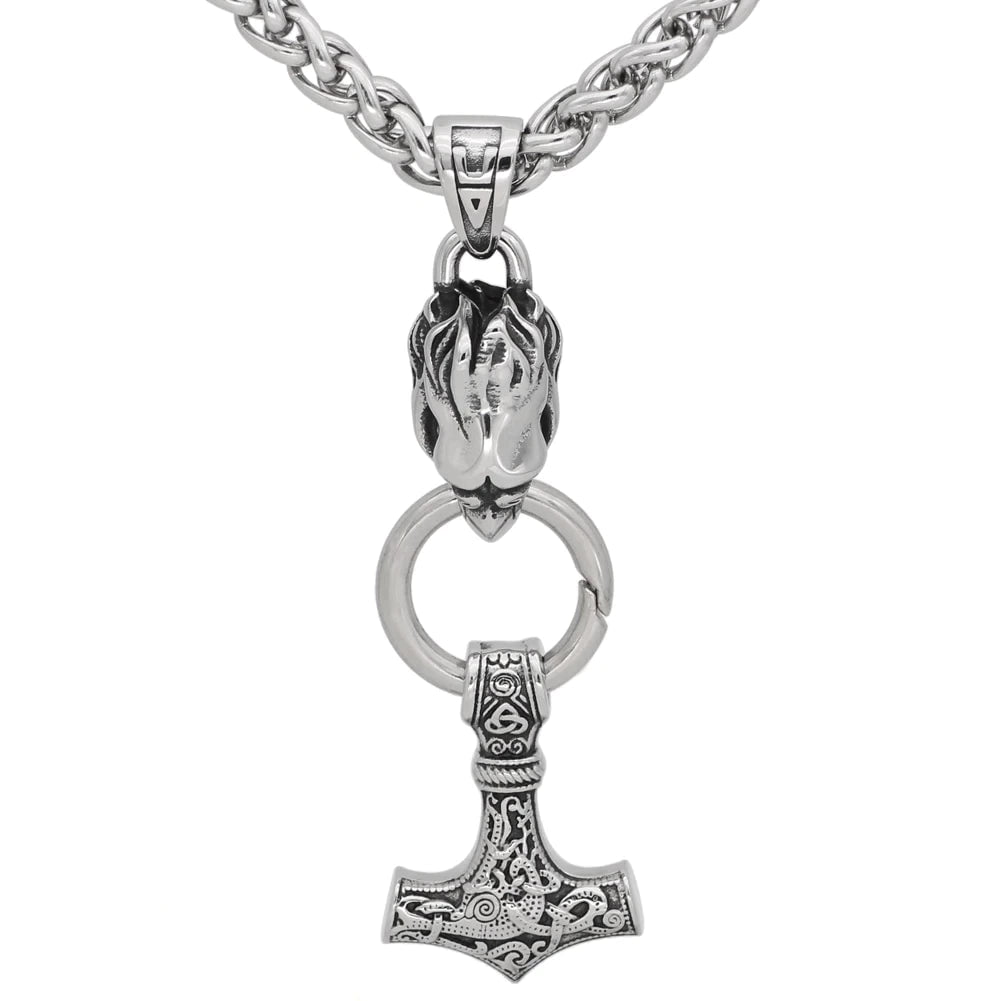 Vikings Raven's Head Mjolnir Stainless Steel Necklace