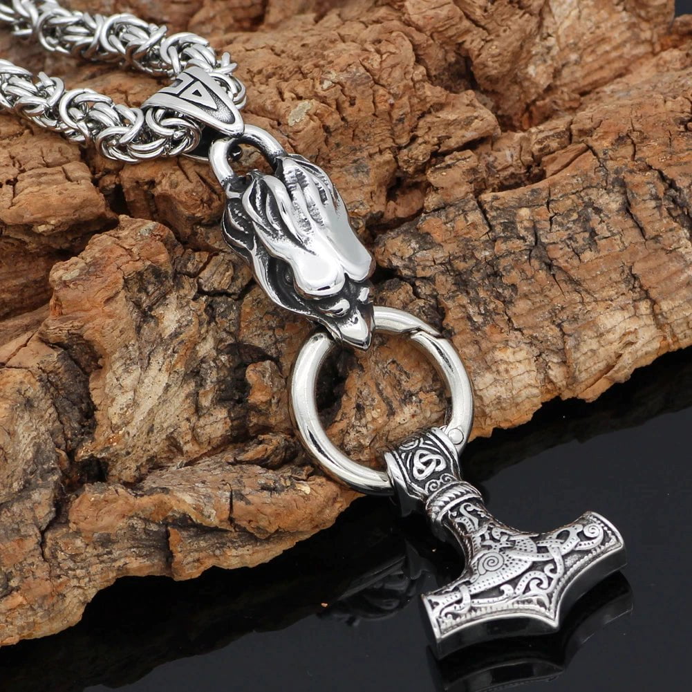 Vikings Raven's Head Mjolnir Stainless Steel Necklace