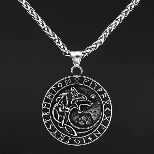 Vikings Wolf and Runes Stainless Steel Necklace