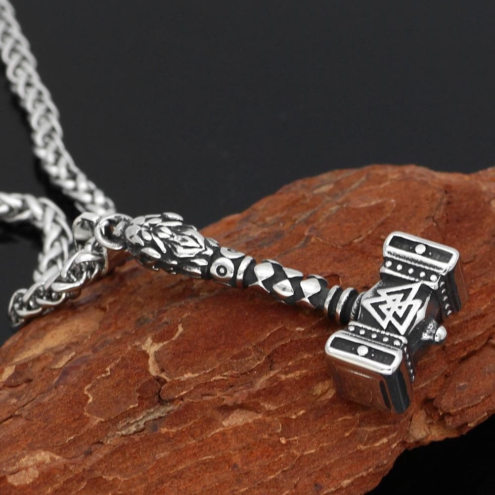 Vikings Valknut Thor Hammer Stainless Steel Necklace